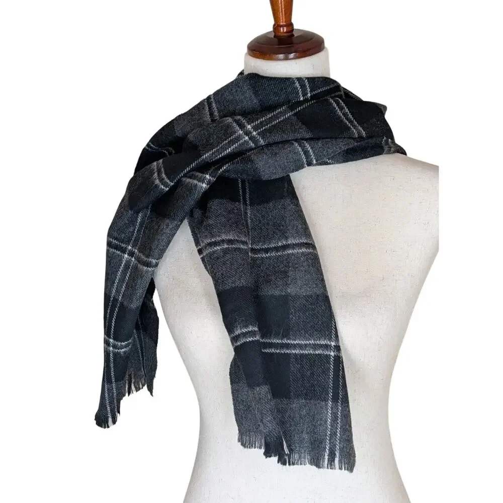 Gray Black Plaid Cashmere & Lambswool Scarf Imported